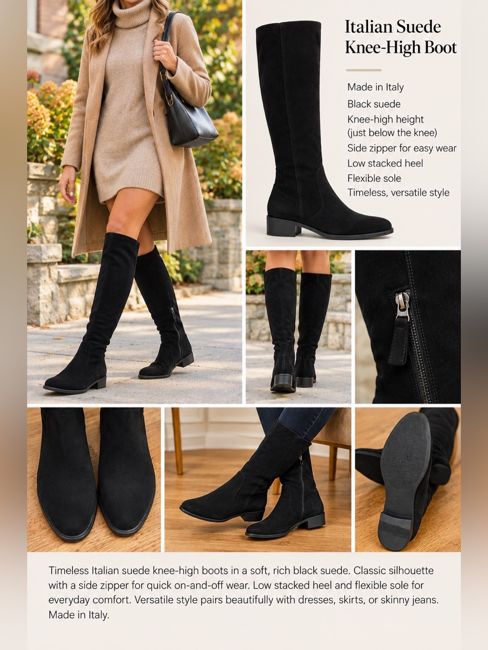 Classic Italian Made Black Suede Knee High Boots with Side Zip
